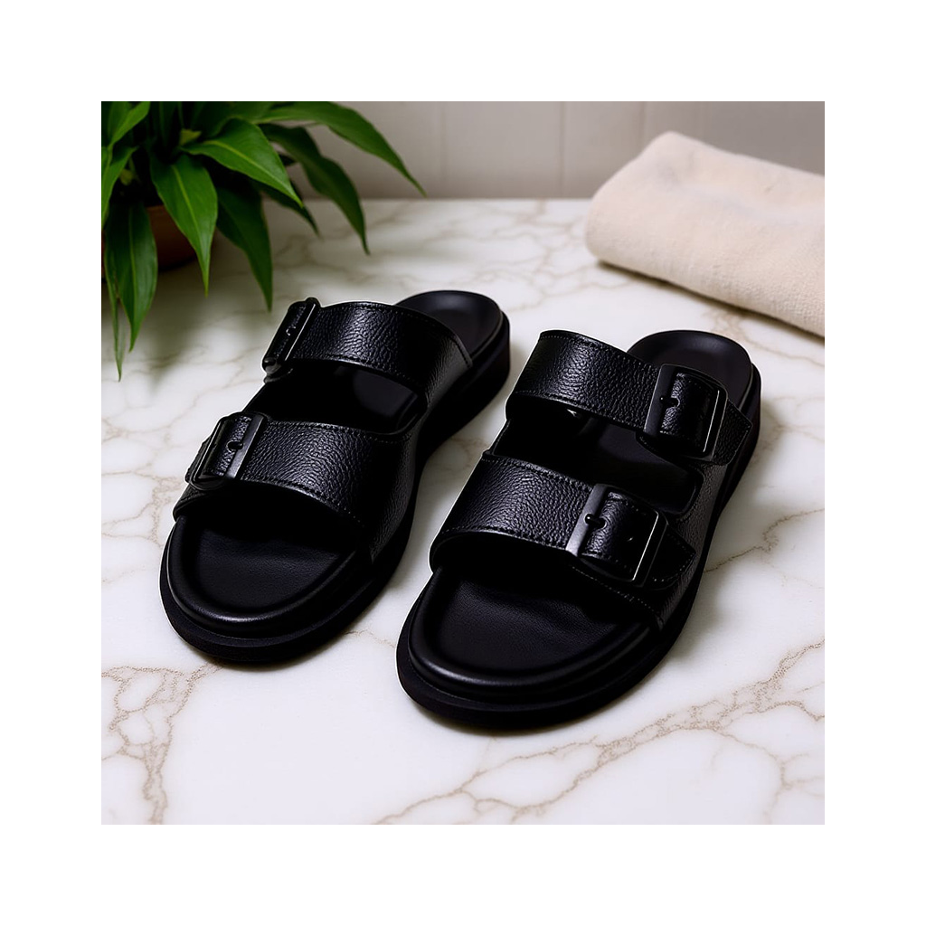 Sandales Classiques à Double Boucle en Cuir Grainé – Noir