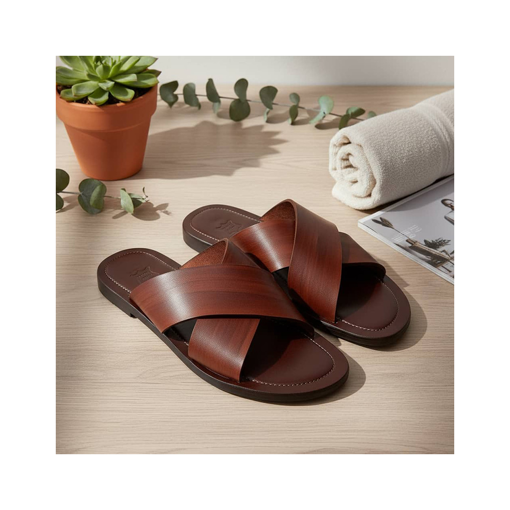 Sandales Homme à Lanières Croisées en Cuir Marron