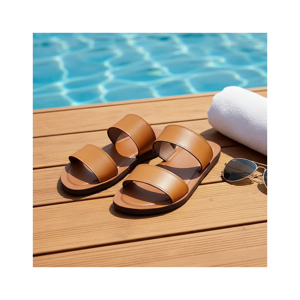 Sandales Plates Camel en Cuir Lisse | Double Lanière