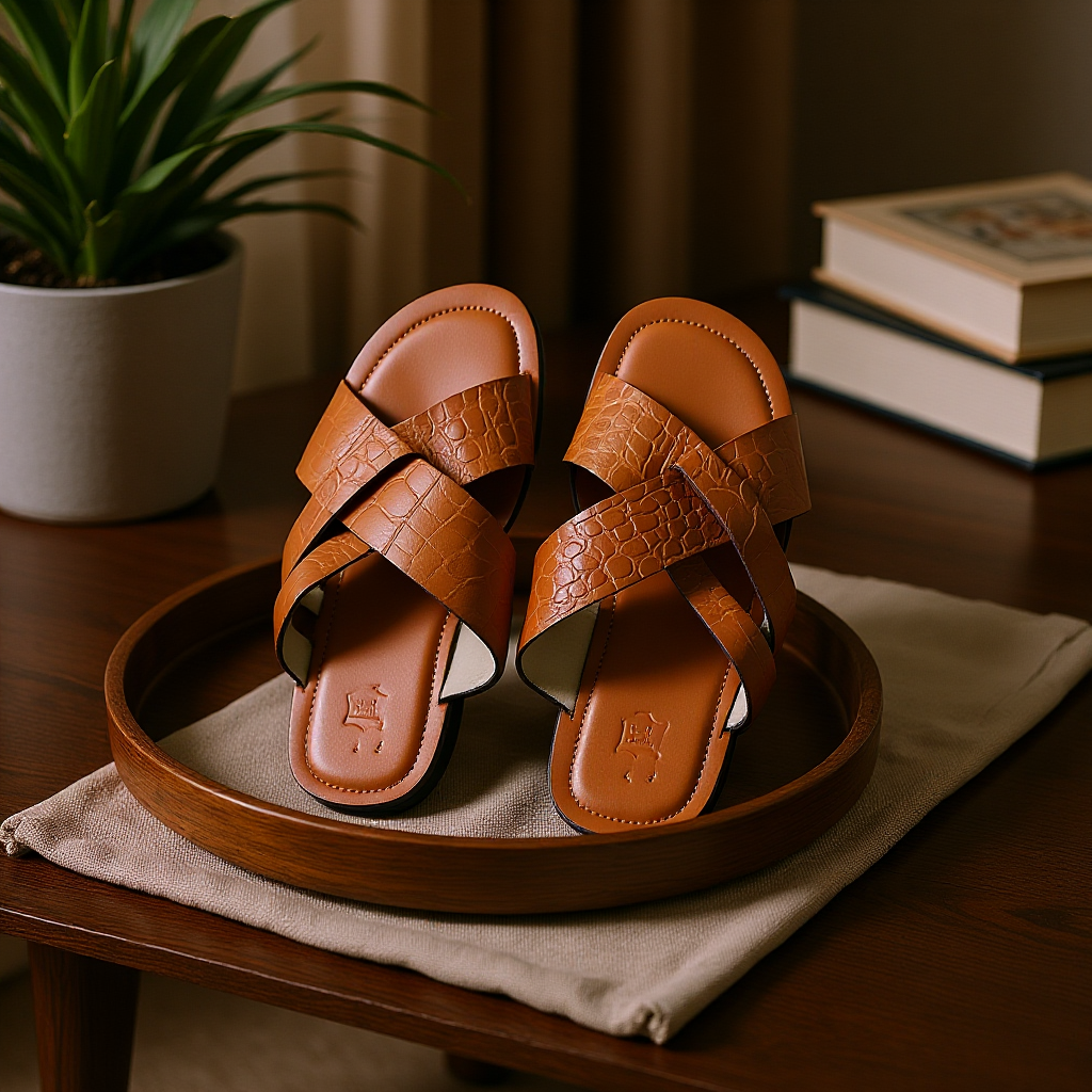 Sandale en CUIR Marron clair impression CROCO